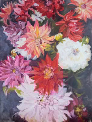 Dahlias rouges II, huile sur toile 2022, 116 x 89 cm