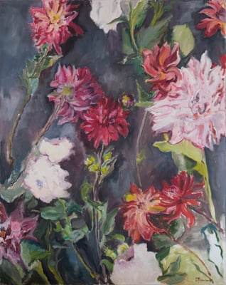 Dahlias rouges I, huile sur toile 2022, 116 x 89 cm