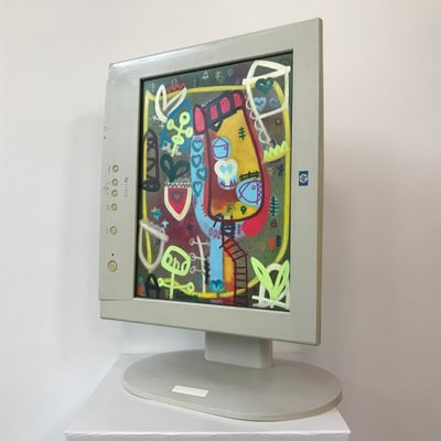 Grüne Zone | 2019 | Monitor, acrylic paint, oil paint, oil pastel | 30,7 × 23 cm