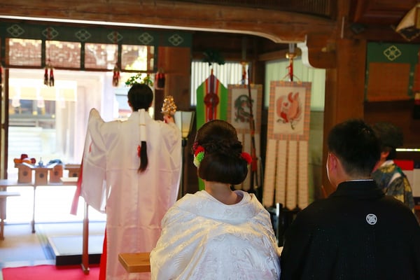 武田神社の神殿で挙式を行う新郎新婦様