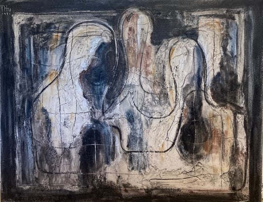 The " THE BEGINNING" series, Composition 1 - 1991 - Drawing - Sepia, colored pigment, charcoal  and paste on levkas - 80x100cm 