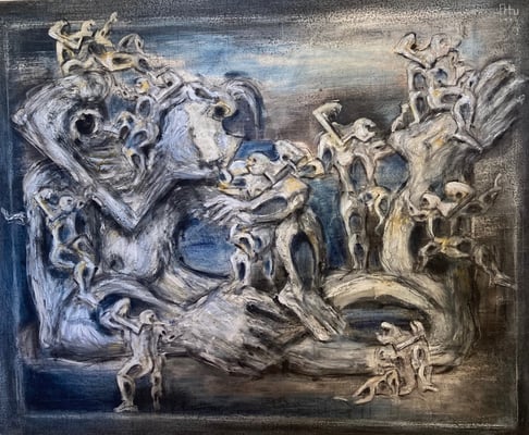 Group Composition II - 1991 - Drawing – Sepia, colored pigment, charcoal and paste on levkas  