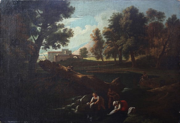 Campagnalandschaft mit Wäscherinnen an einem Flusss