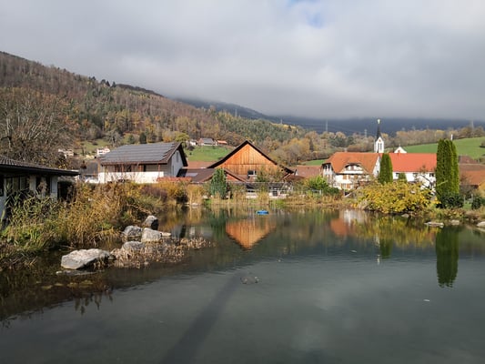 Fischen im Forellenteich im Naturpark Jura