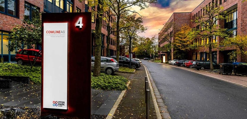 Itterpark, Hilden | Vollacrylglas-LED-Flächenlichter und Rückleuchter auf Corten-Stahl Stehlen