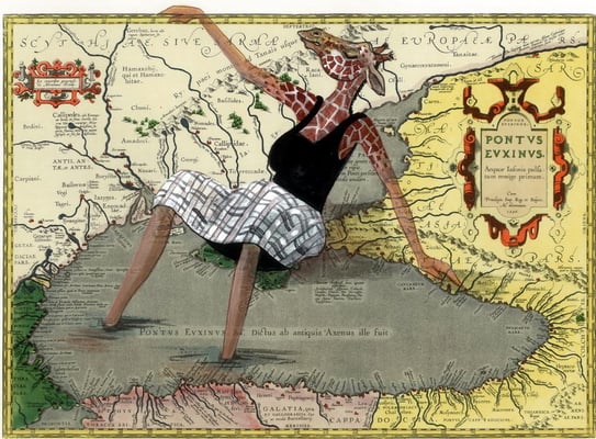 Giraffe auf Landkarte - Ausstellung von Werken zur Lesung "Als die Giraffe noch Liebhaber hatte"