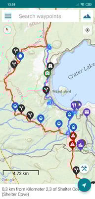 Der PCT (rote Linie) umgeht die Rim (längerer Weg), die blaue Linie geht über den Kraterrand drüber ( anspruchsvoll)