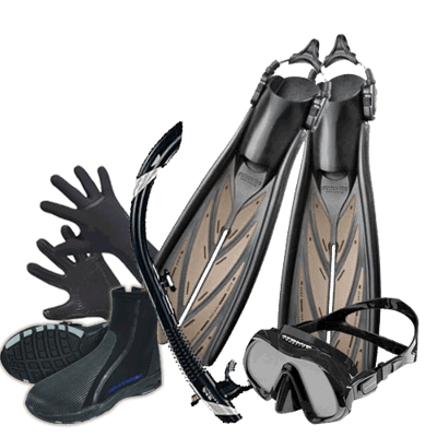 Photo of dive fins, goggles, snorkel, dive booties and gloves 