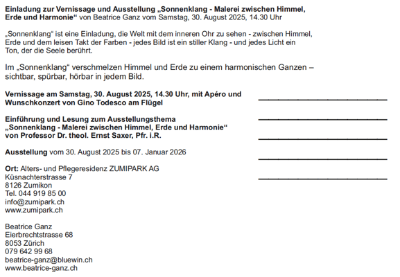 Ausstellung in der Residenz Zumipark in Zumikon vom 30.8.2025 bis 7.1.2026
