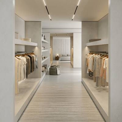 Atviros drabužių lentynos iš Dekton presuoto akmens