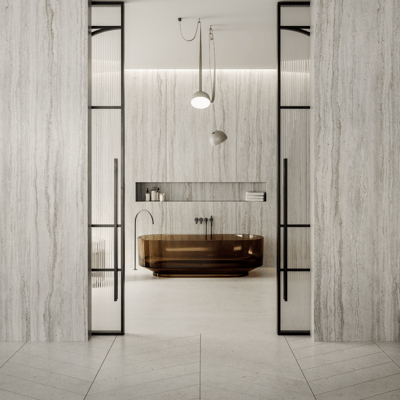 Bathroom walls clad in Dekton sintered stone