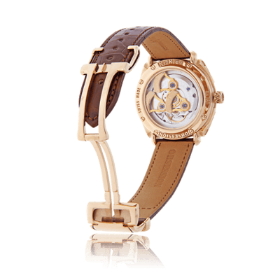 Gremlin Herrenuhr in Rot- und Weissgold mit rotbraunem Lederarmband angefertigt auf Kundenwunsch von der Goldschmiede OBSESSION