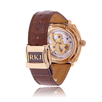 Gremlin Herrenuhr in Rot- und Weissgold mit rotbraunem Lederarmband angefertigt auf Kundenwunsch von der Goldschmiede OBSESSION