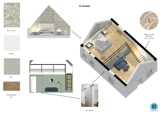 Vue 3D salon-mezznine; coaching déco, conseil en décoration Tours, conseil en décoration Chinon