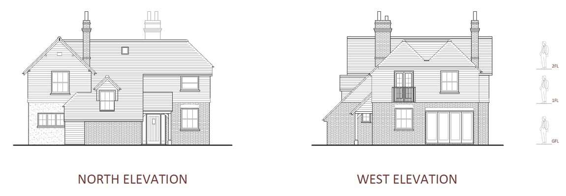 ELEVATIONS - A dormer and porch added to the north elevation, with the two-storey extension visible on the west.