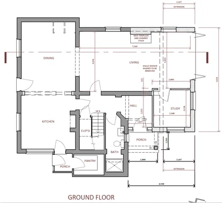 GROUND FLOOR - A single-storey extension replaced at ground floor level, with a porch and office.