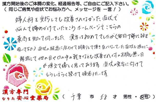 【 萎縮性膣炎・帯状疱疹・裂肛 】（千葉市・58才・女性）