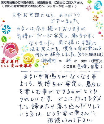 【 不安感・動悸・めまい 】（神崎町・54才・女性）