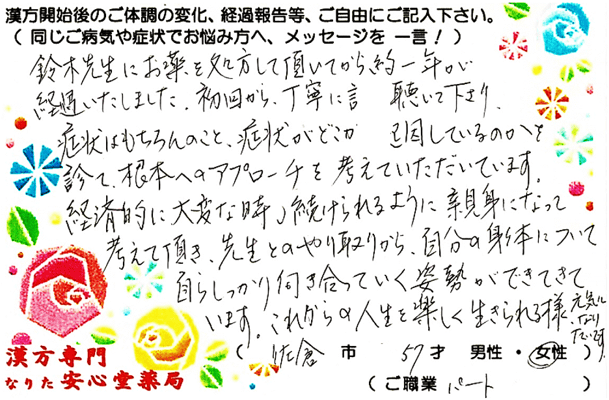 【 鼻ﾎﾟﾘｰﾌﾟ・蓄膿症・化繊ｱﾚﾙｷﾞｰ 】（佐倉市・57才・女性）