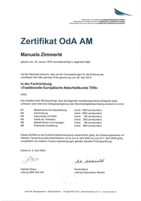 Zertifikat OdA AM Fachrichtung traditionelle europäische Naturheilkunde