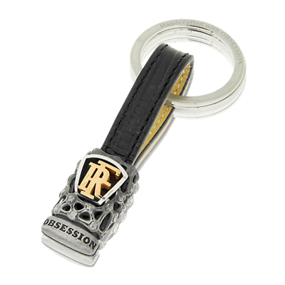 Schlüsselanhänger Mikrokosmos in Silber mit Monogramm in Rotgold und passendem Lederband.