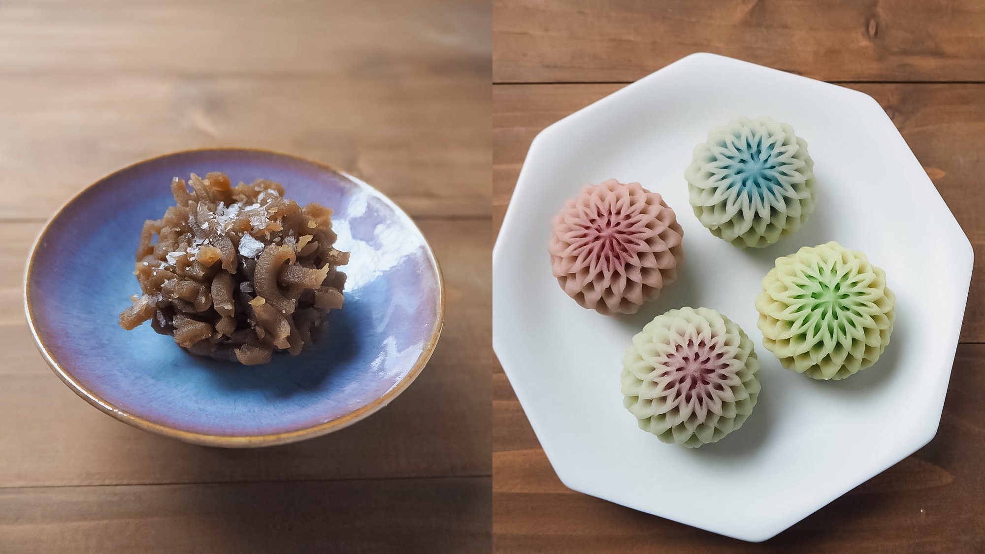 ほうじ茶金団の「初霜」・練り切りの「天竺牡丹」