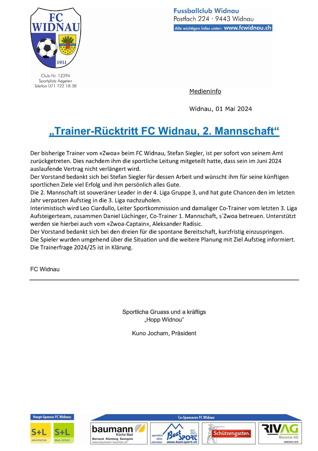 Medienmitteilung FC Widnau