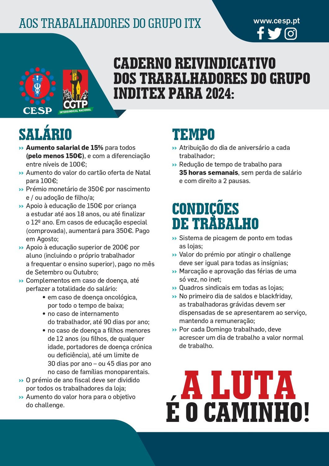 Grupo Inditex (ITX): Caderno Reivindicativo dos Trabalhadores para 2024