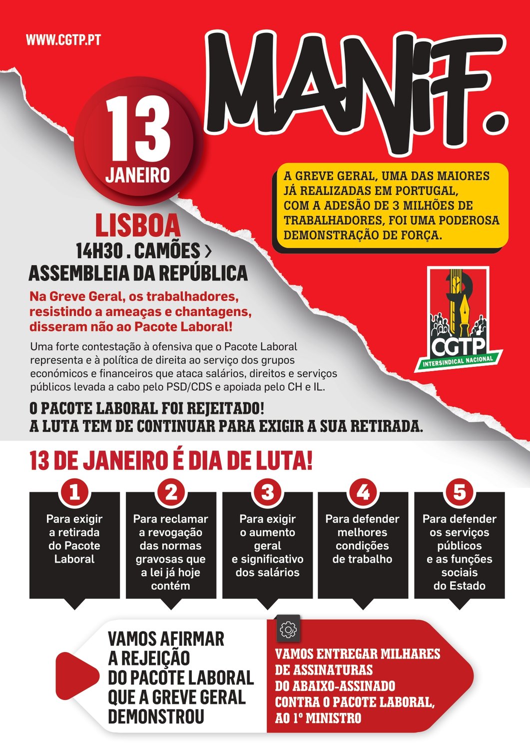 13 JANEIRO | Manifestação contra o Pacote Laboral