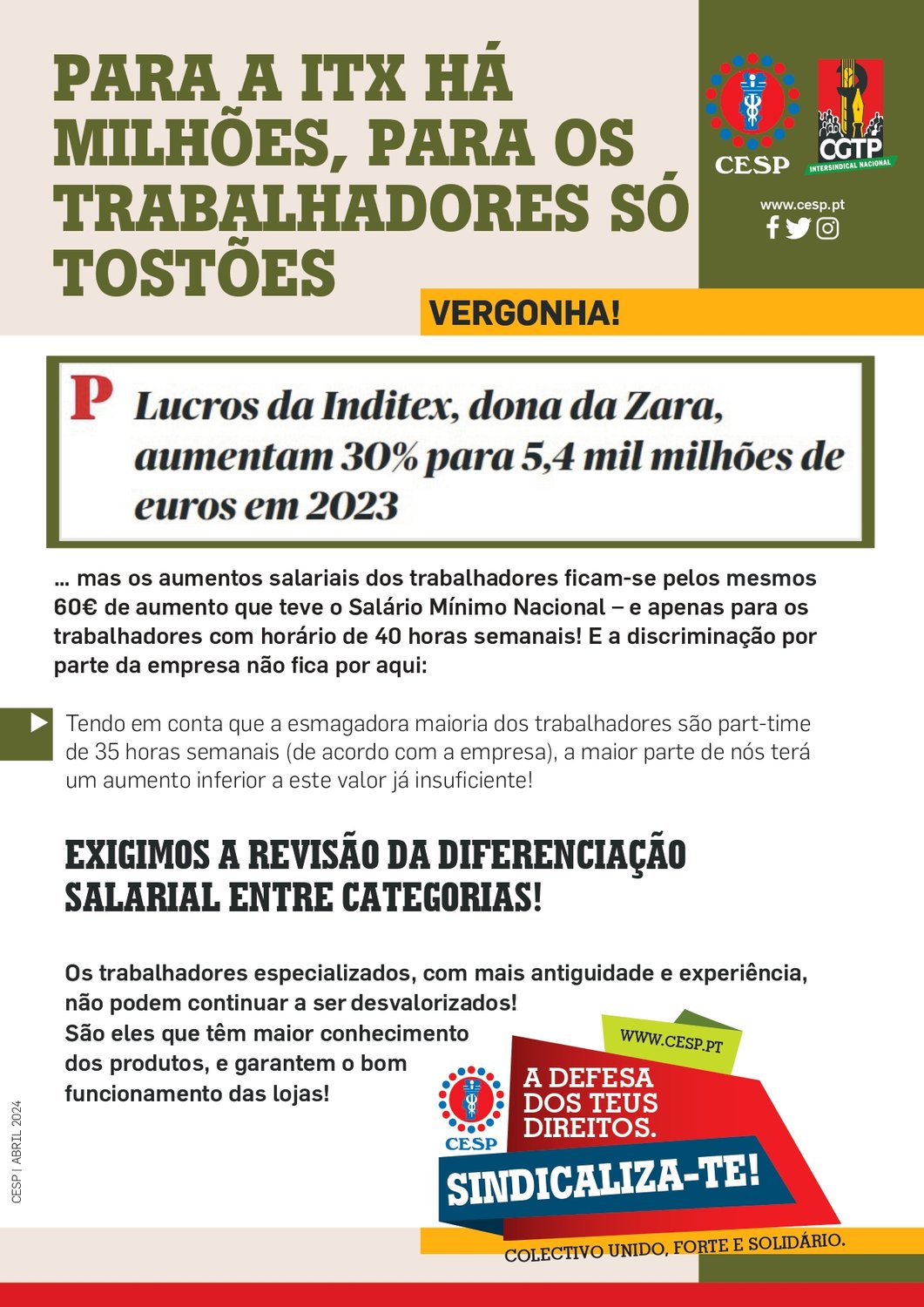 PARA A ITX HÁ MILHÕES, PARA OS TRABALHADORES SÓ TOSTÕES