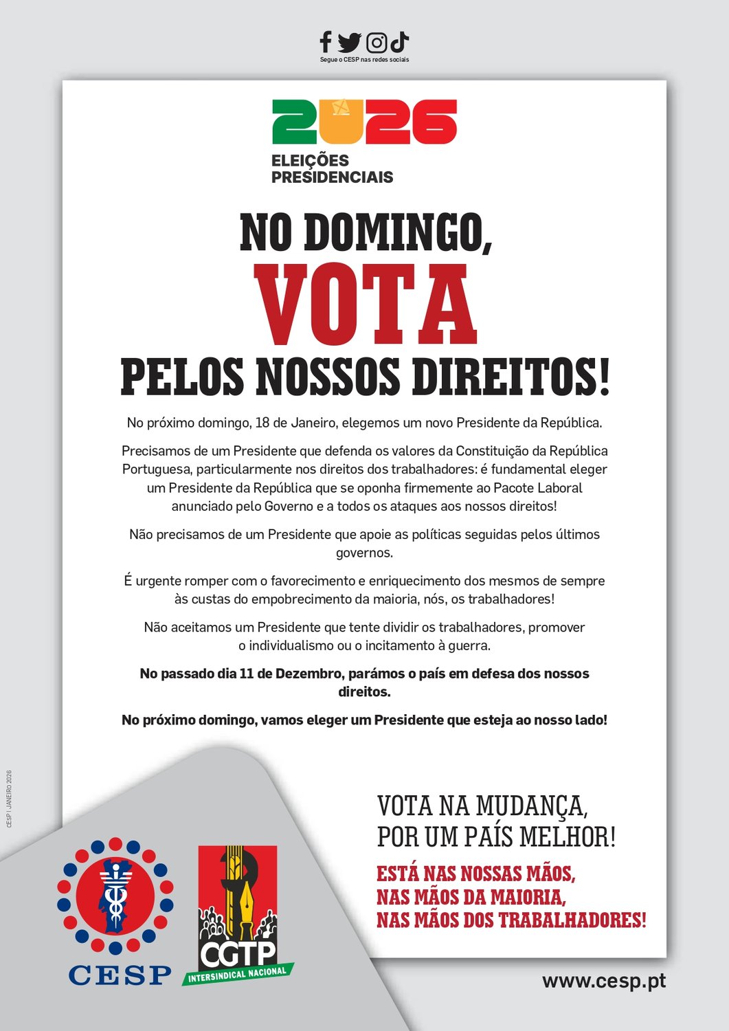 NO DOMINGO, VOTA PELOS NOSSOS DIREITOS!