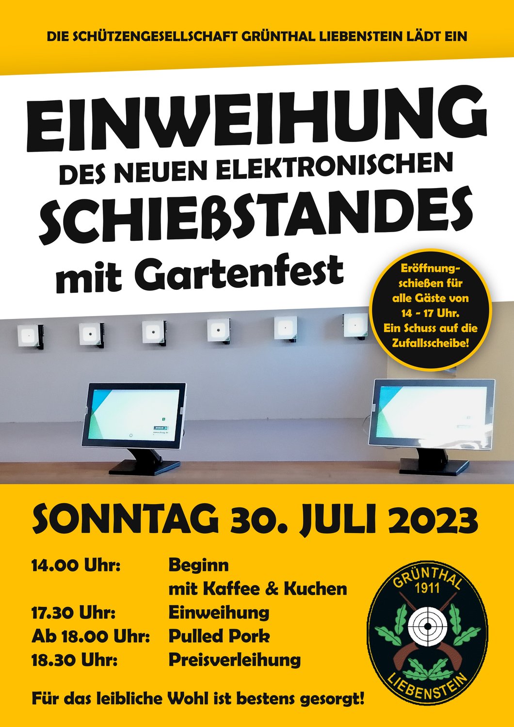Einladung zum Einweihung des neuen elektronischen Schießstandes mit Gartenfest der Schützen Liebenstein