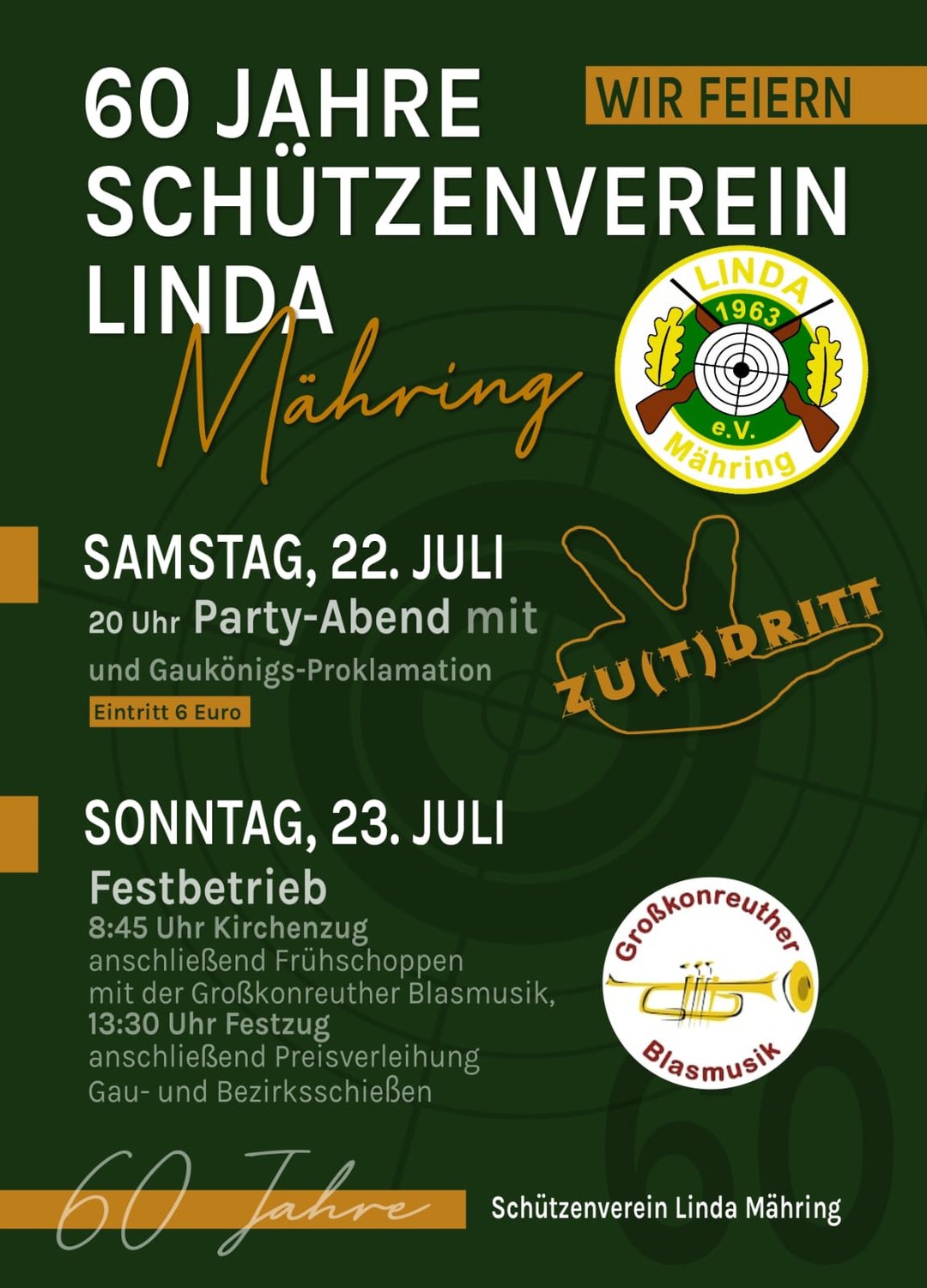 Einladung zum 60-jährigen Gründungsfest des Schützenvereins 1963 „Linda“ Mähring