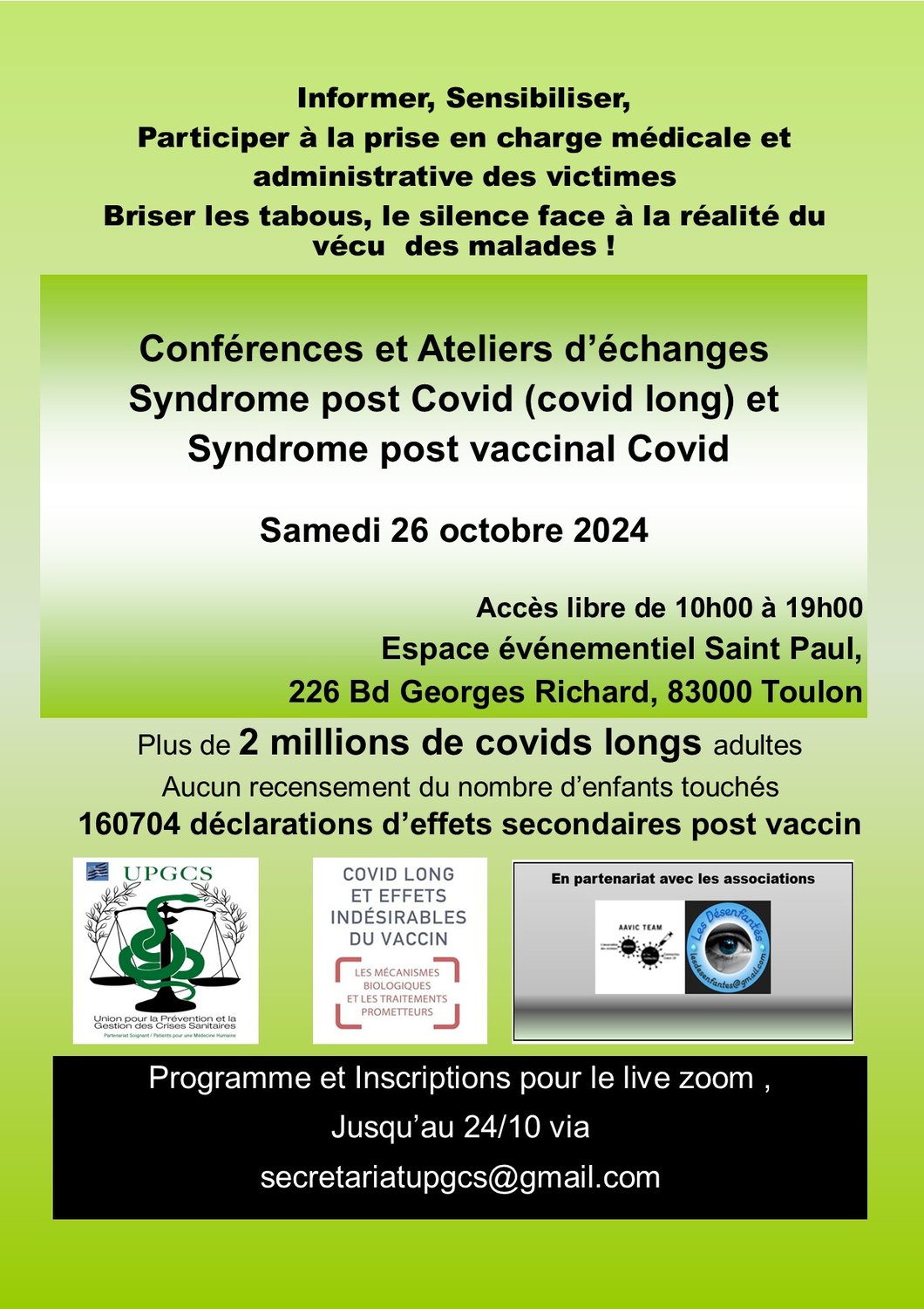 Conférence sur le syndrome post infectieux Covid long, et sur le syndrome post vaccinal Covid à Toulon, le 26 octobre 2024