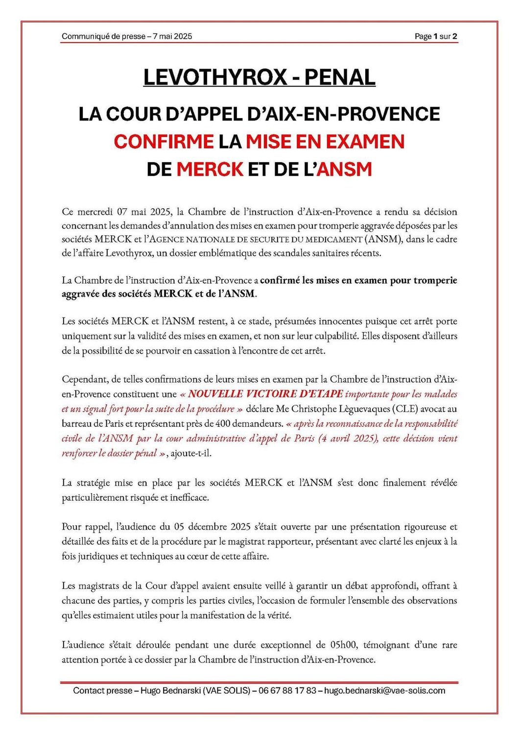 Levothyrox, les mises en examen de Merck et de l'ANSM, confirmées par la Cour d'appel d'AIX