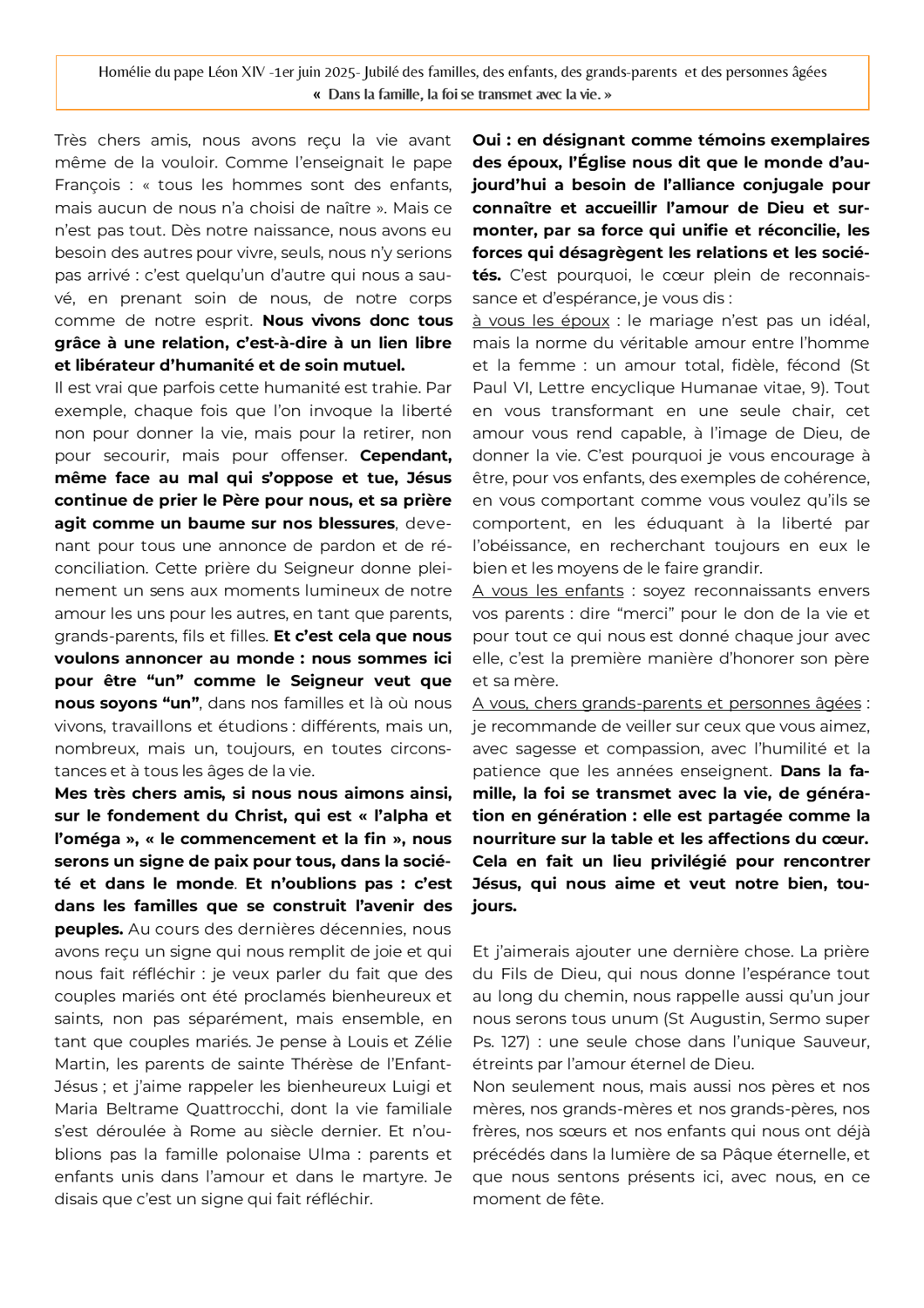Léon XIV aux familles - juin 2025