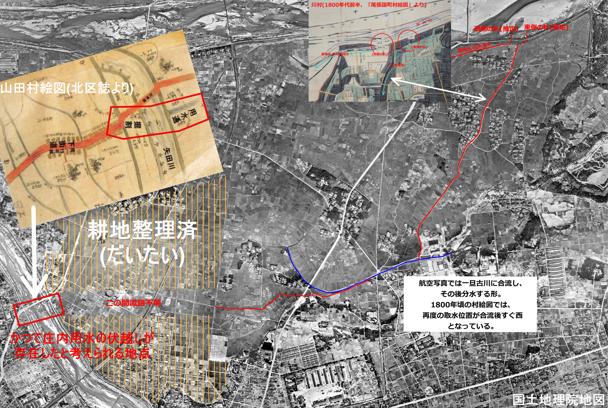 航空写真で□ヶ村用水(=郷合川)を追う