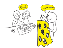 カーテン選びの打ち合わせ風景のイラスト