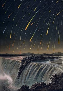 Der Meteorstrom der Leoniden, gesehen in Nordamerika in der Nacht vom 12. auf den 13. November 1833 (E. Weiß: ''Bilderatlas der Sternenwelt" (1888)).