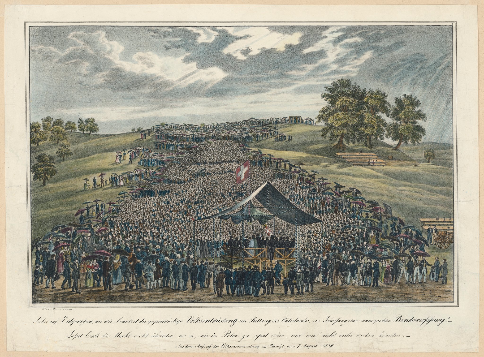 colorierte Ansicht der geschichtsträchtigen Volksversammlung in Flawil von 1836