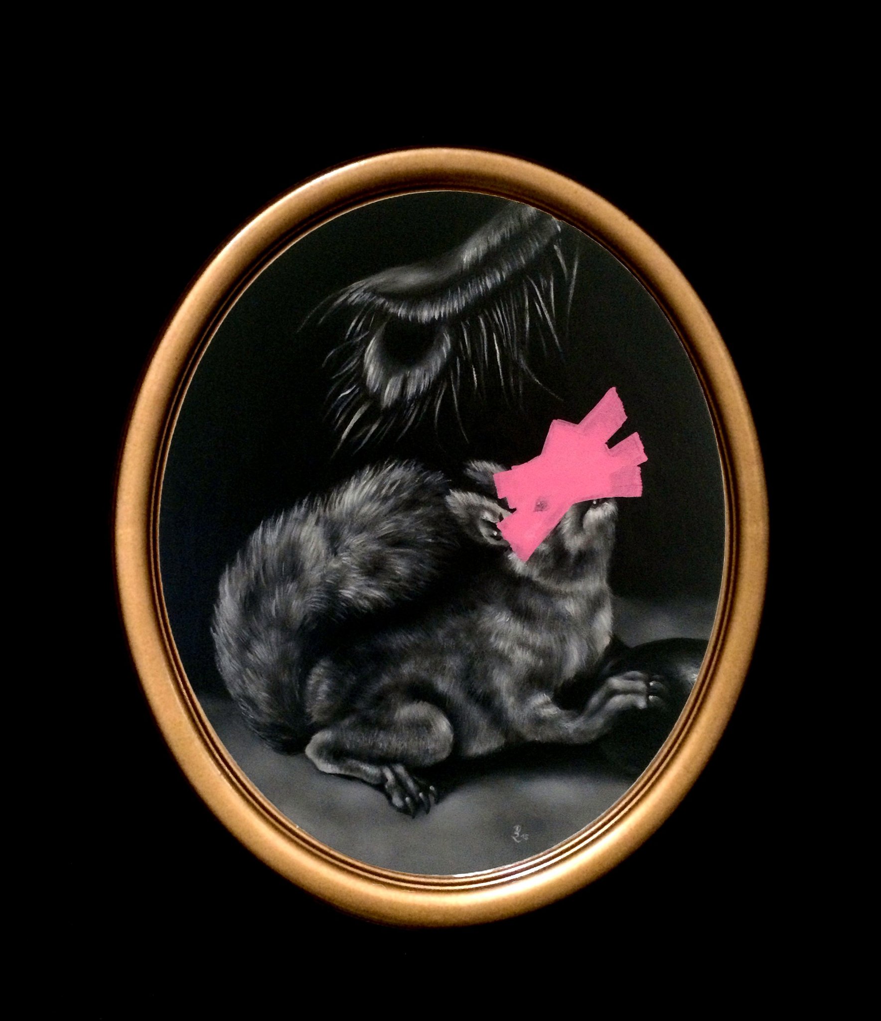 PEACOCKS II (The squirrel), After Melchior de Hondecoeter acrylic + liquid chalk on canvas, 60 x 50 cm, 2015