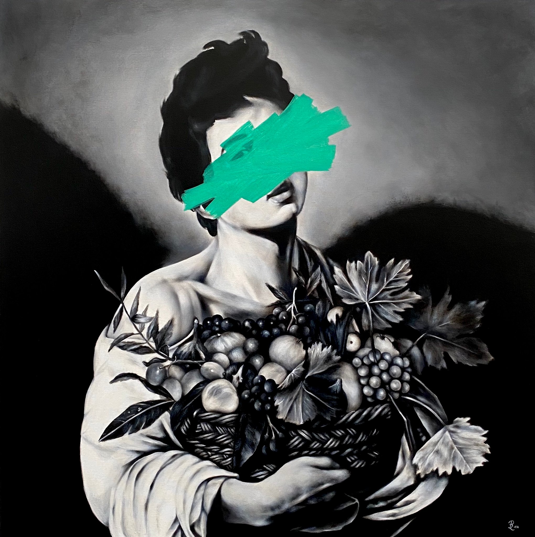 FRESH RIPE FRUIT (After Caravaggio), acrylic and liquid chalk on canvas, 100 x 100 cm, 2014