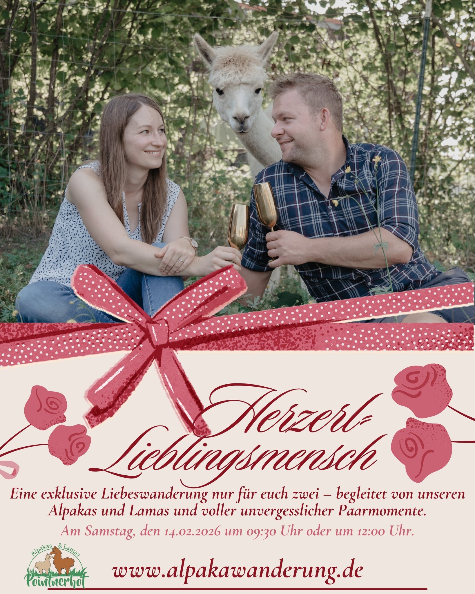 Flyer für Event Lieblingsmensch am Valentinstag. Verliebtes Paar mit Alpaka