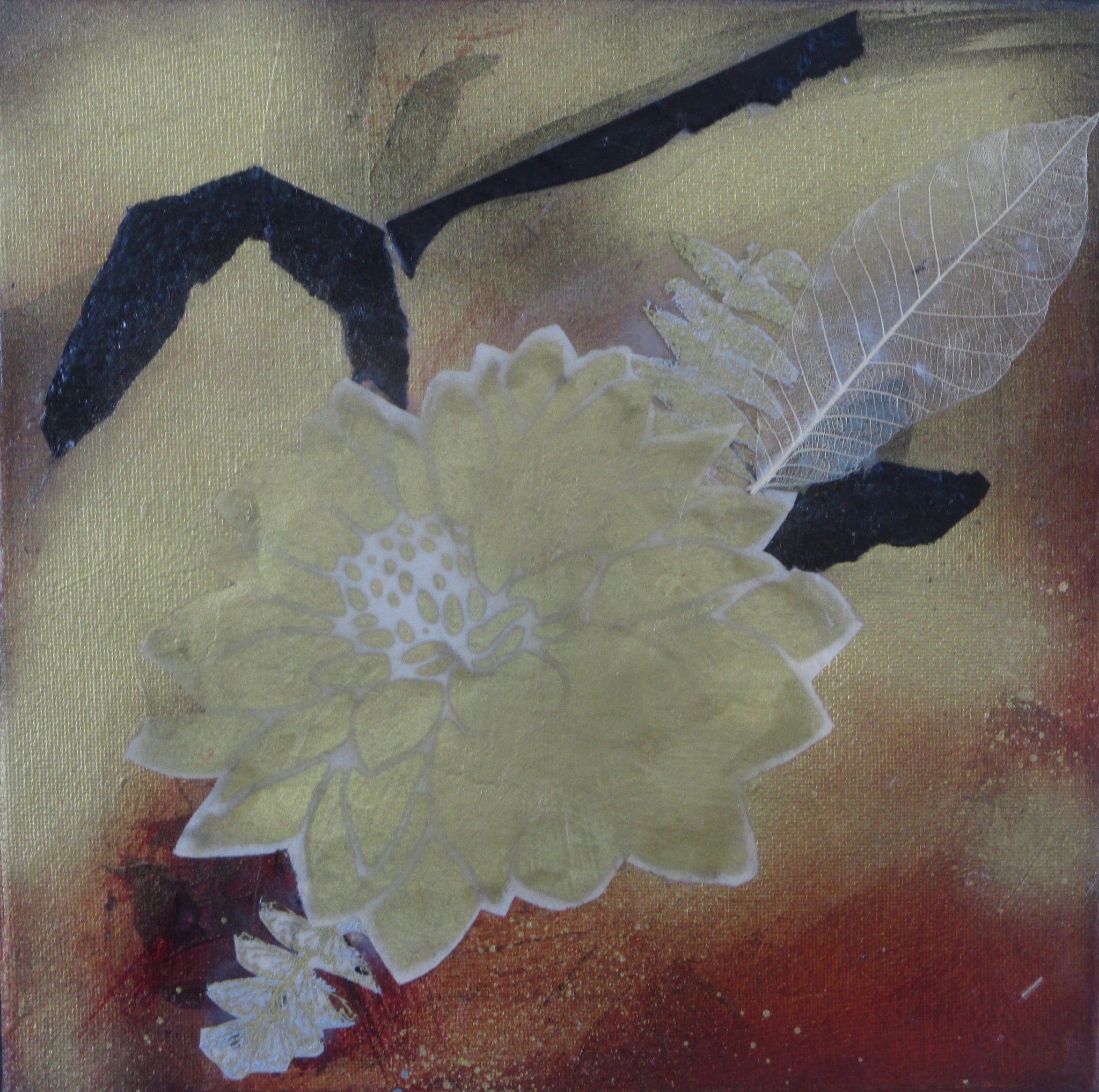 Dahlia I, watercolor, collage on canvas, 10 x 10 SOLD