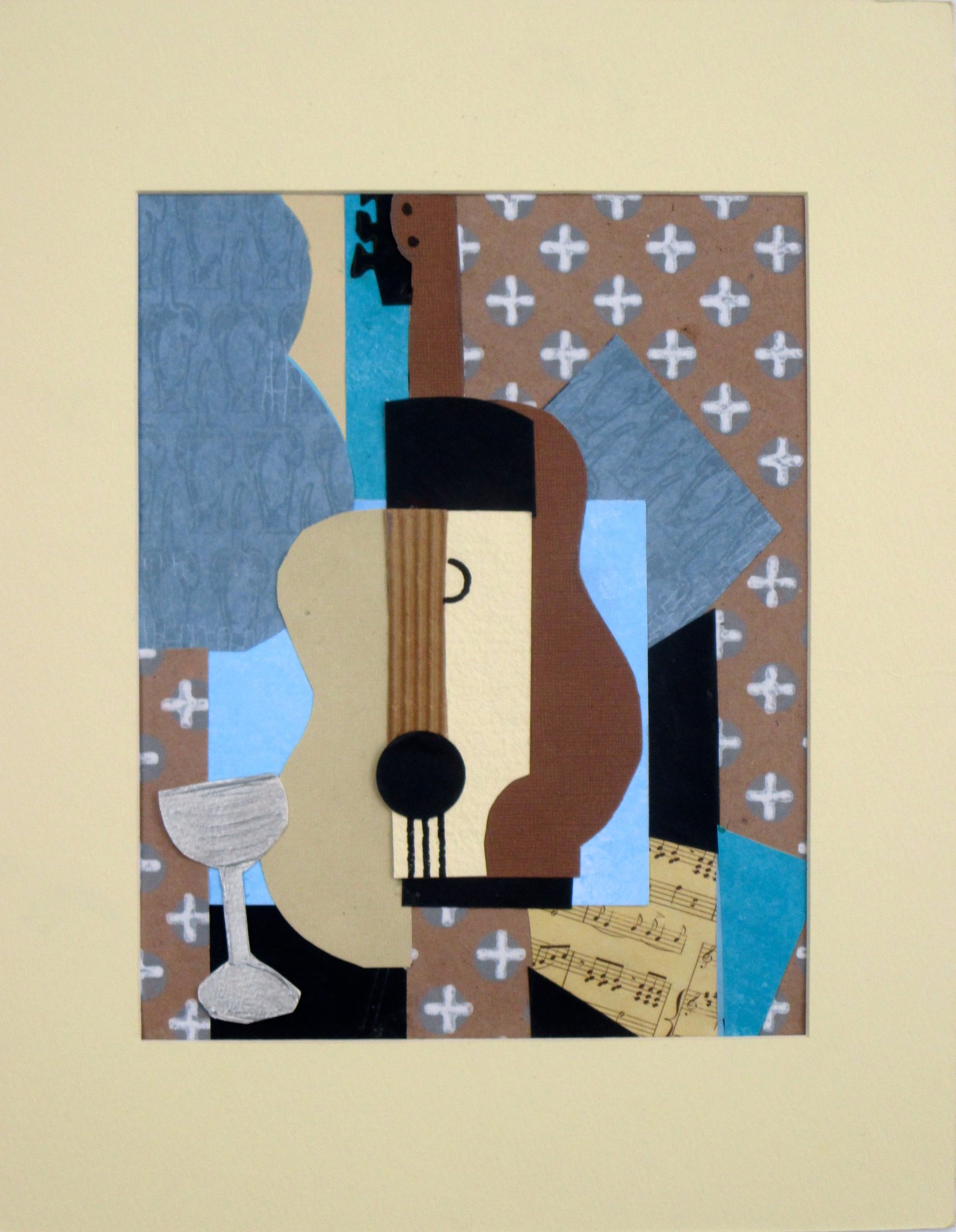 Guitar with Wine Goblet, collage on paper, 11 x 14, matted