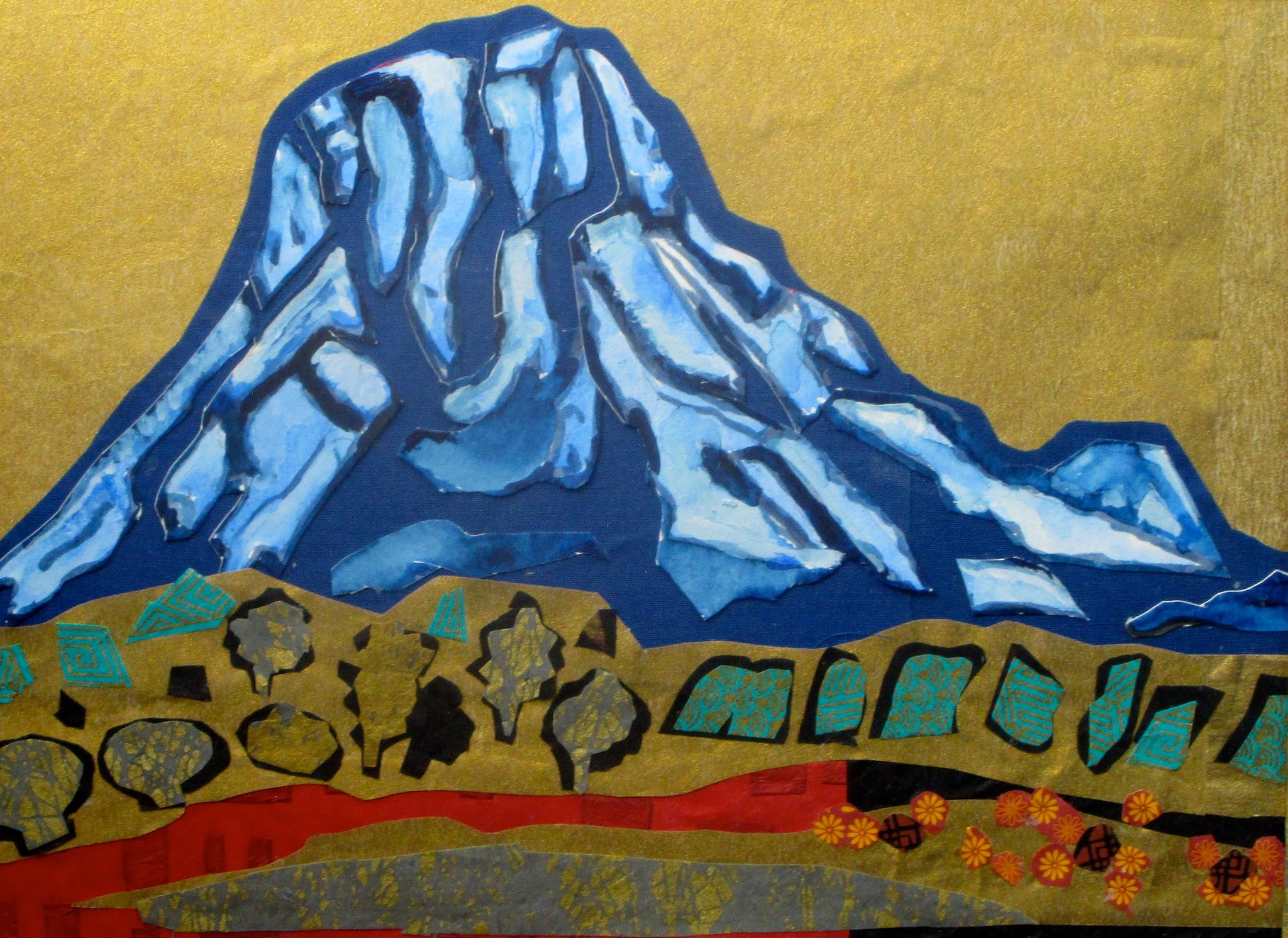 Fuji-San, collage, watercolor, 20 x 16, matted