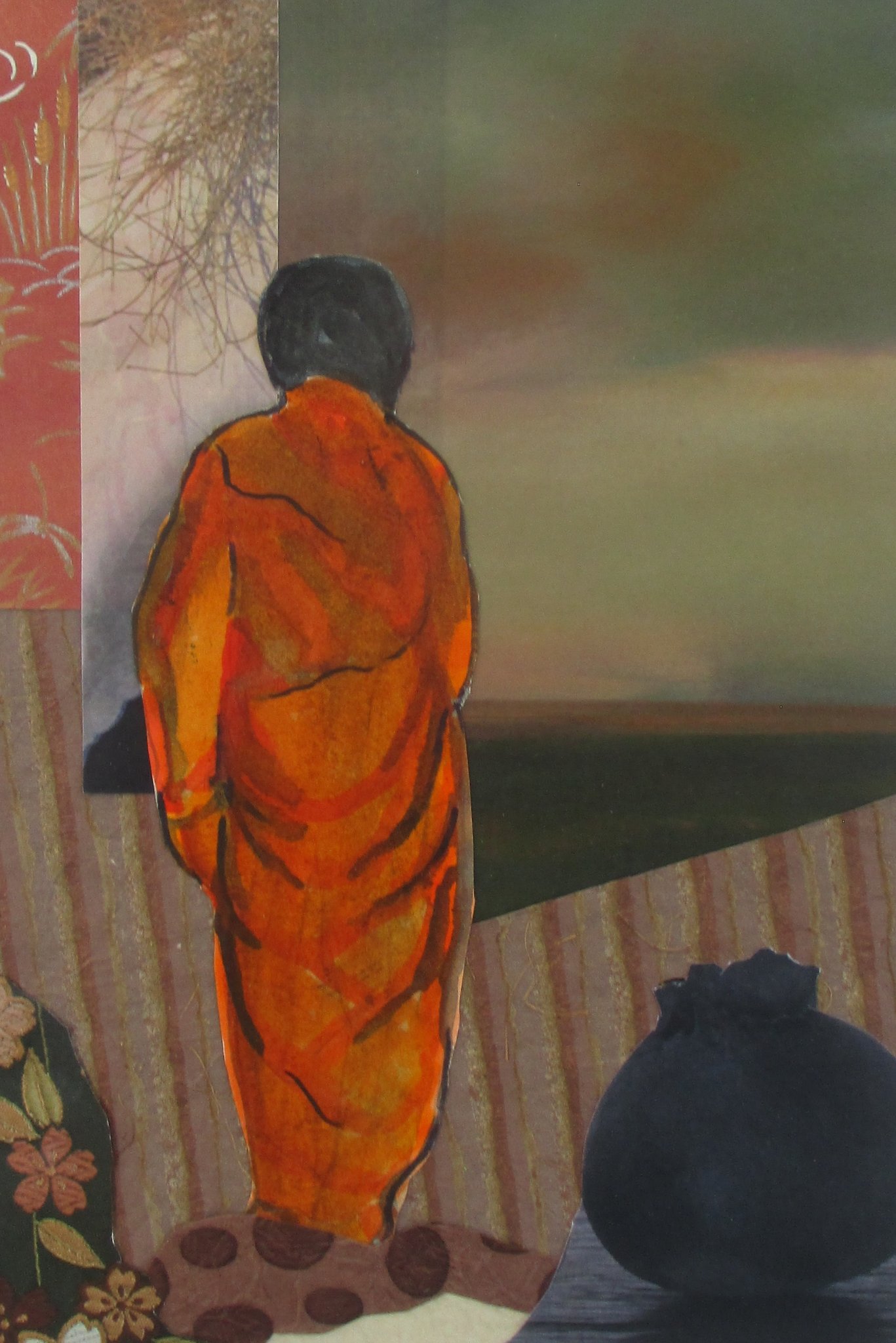 Saffron-robed Monk, watercolor, collage, 11 x 14, matted 