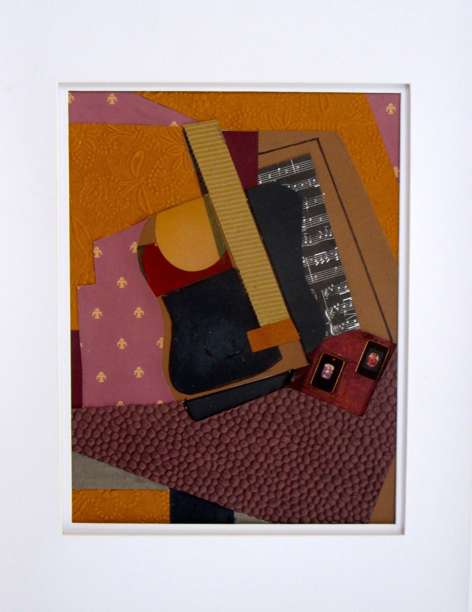 Still Life with Guitar, collage on paper, 14 x 18,\