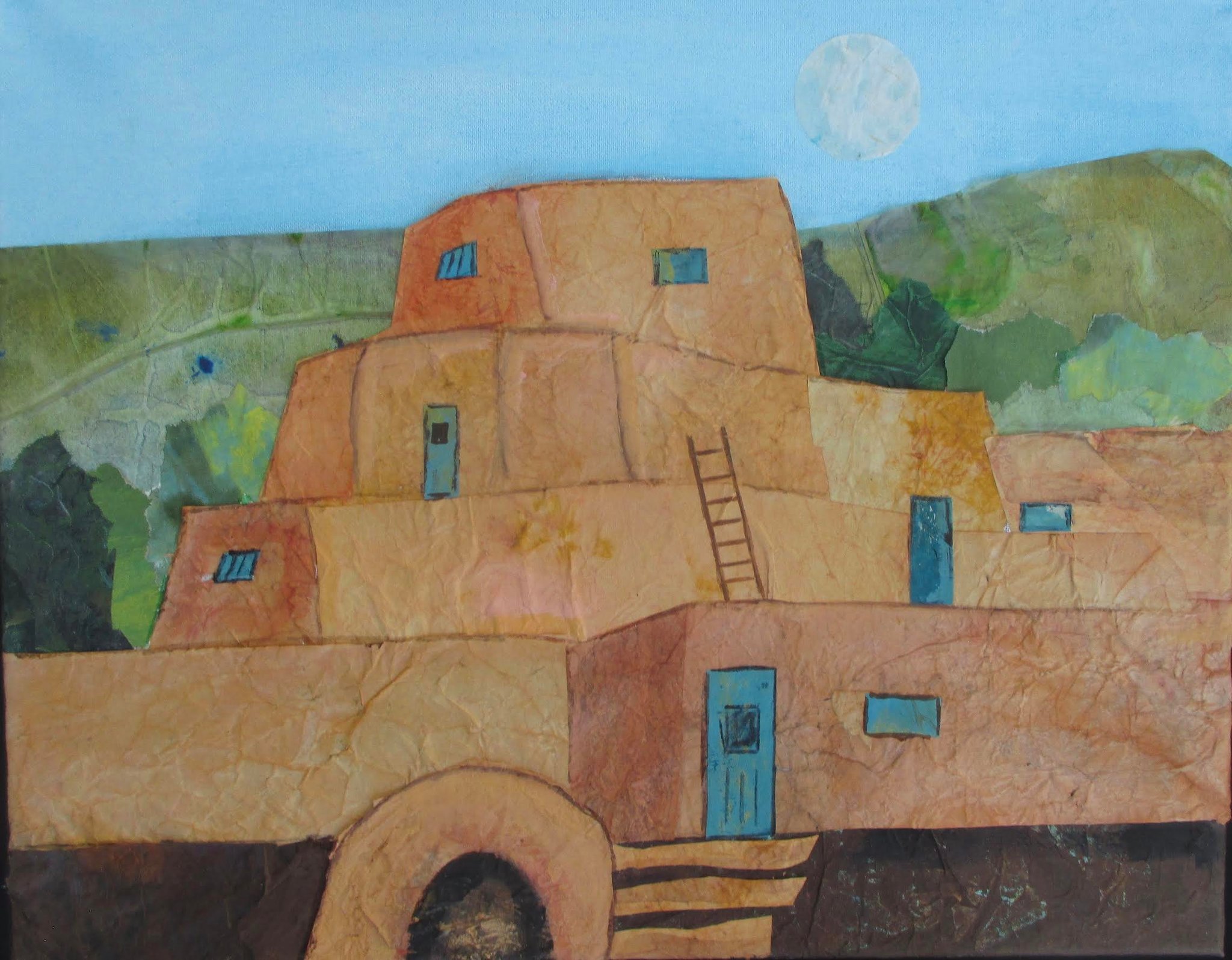 Pale Moon Over Pueblo, mixed media, 16x20