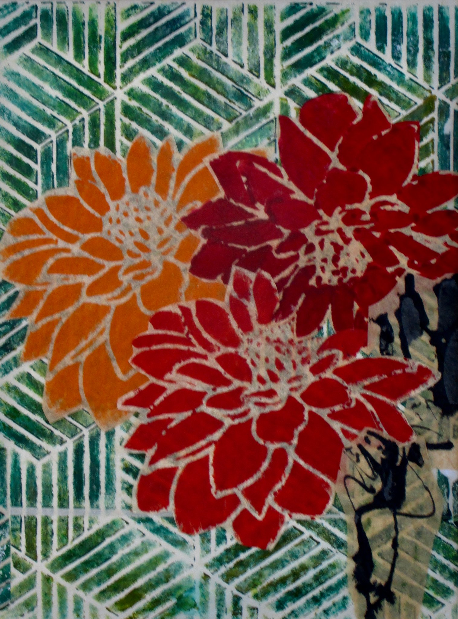 Dahlias II, watercolor, collage, 12 x 16 matted SOLD